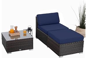 PHI VILLA Outdoor Sectional Furniture Clearance 3 Piece Patio Sofa Set Low-Back Rattan Wicker Additional Seat, Blue