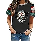 Women's Southwest Tribe Printed T-Shirt Boho Style Casual Round Neck Top Aztec Geometric Bull Head Pattern Shirt