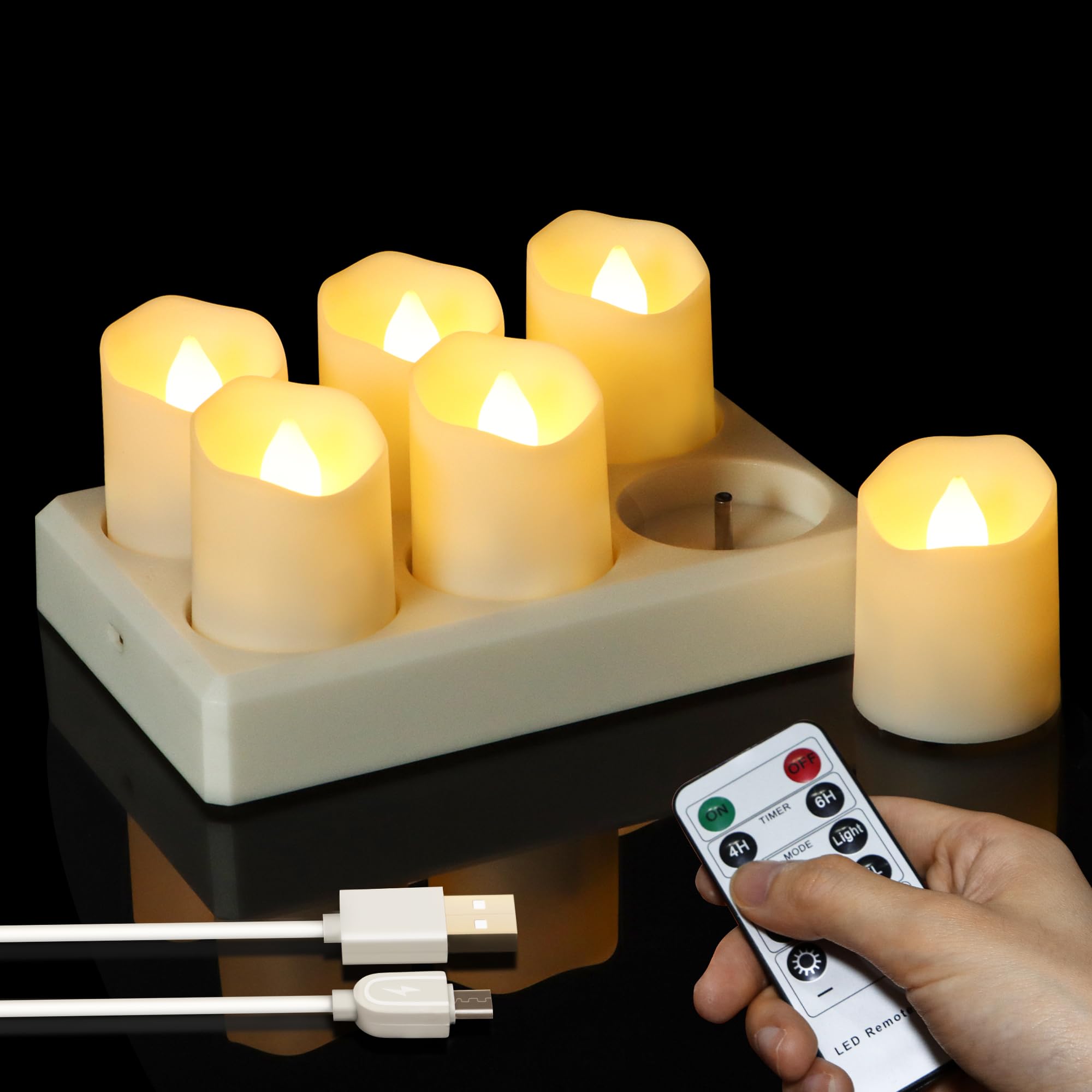 Photo 1 of Sanmli 6pcs LED Tea Lights Rechargeable with Charging Base and USB Cable, Flameless Votive Candles Flickering with Remote and Timer, Electric Fake Candles Warm White