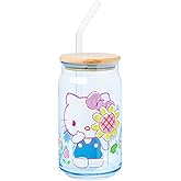 Silver Buffalo Sanrio Hello Kitty Floral Glass Tumbler with Bamboo Lid and Glass Straw, 16 Ounces