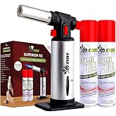 Jo Chef Kitchen Torch, Refillable Butane Torch for Creme Brulee, Cooking | 2 Butane Cans (3.38oz), Fuel Gauge Window, Safety Lock and Adjustable Flame - Culinary Food Torch for Searing, BBQ, Soldering