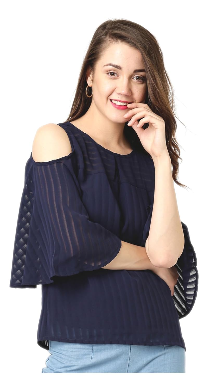 marie claire women navy self-striped cold shoulder top (mc10270)