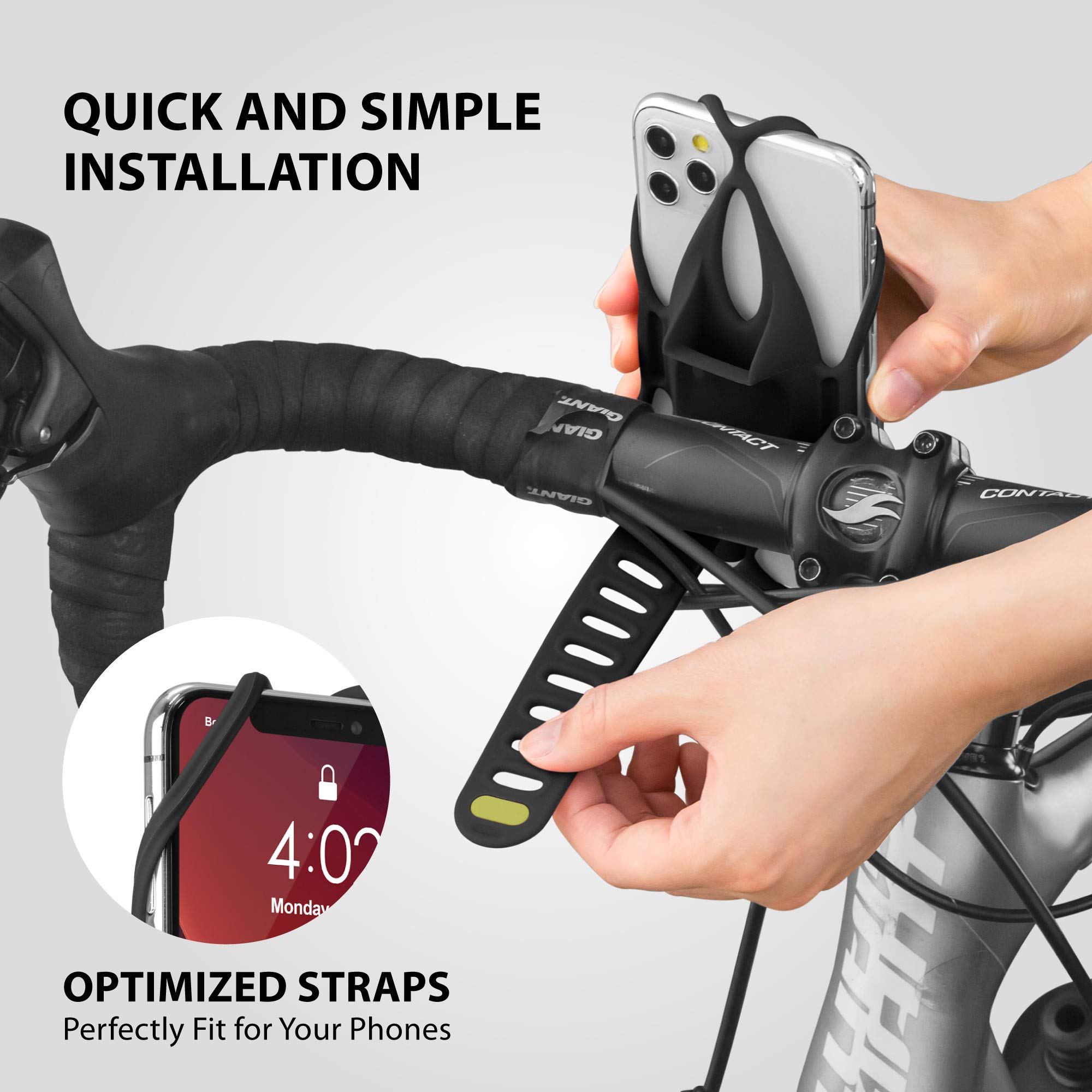 BONE Bike Tie 4, Bike Cell Phone Mount for Handlebar, Scratch-Free Silicone Holder with Anti-Slip Design, Universal Cycling Phone Holder Compatible with Most Smartphones (Black - Handlebar)
