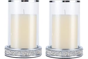 HANJUE Pillar Candle Holders set of 2,Hurricane Candle Holders for Pillar Candle,Glass Candle Holder for Coffee Dining Table, Wedding, Christmas, Halloween, Home Decoration,Silver Candle Holders