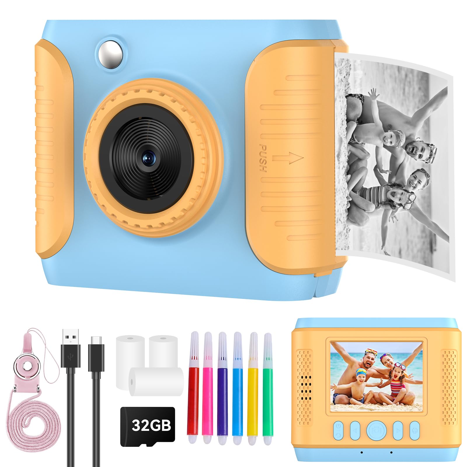 Kids Instant Print Camera,Christmas Birthday Gifts for Girls and Boys,1080P HD Video Digital Kids Camera with Print Paper&32G Card,Toddler Toy for 3-14 Years Old (Blue)