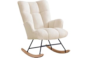 Zedachica Rocking Chair Nursery Teddy Upholstered Glider Rocker Rocking Accent Chair Padded Seat with High Backrest Armchair Comfy Side Chair for Living Room Bedroom Offices (Ivory Teddy)
