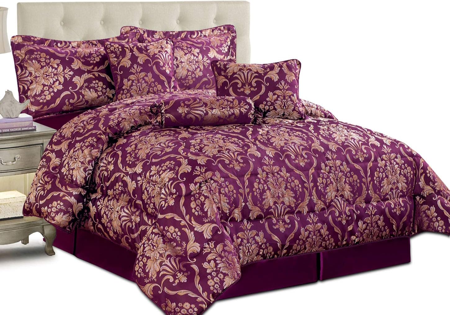 Imperial Rooms Jacquard 7 Piece Bedding Bedspreads Comforter Sets - Ruby (Double/Purple) Include 1 Bedspread 2 Pillow 1 Valance Sheet 1 Cushion Cover 1 Decorative Pillow 1 Neck Pillow