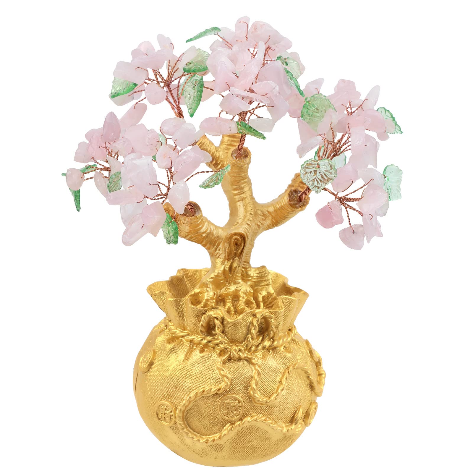 Nupuyai Rose Quartz Crystal Money Tree with Golden Money Bag Base for Home Office Decor, Wealth and Luck Bonsai Tree Fengshui Ornament with Gift Box