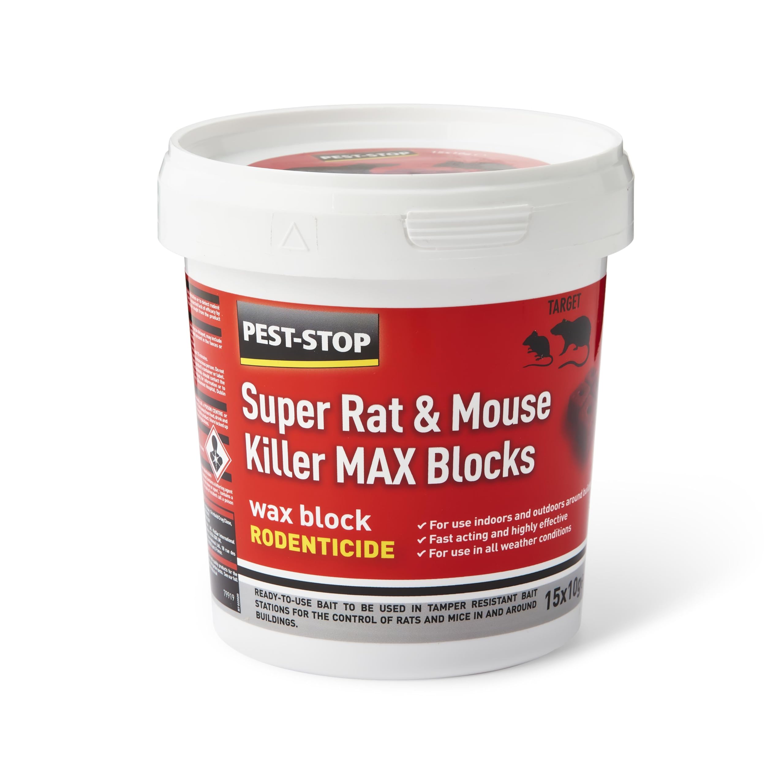 Pest-Stop Super Rat & Mouse Killer MAX Wax Blocks | Effective Bait for Mice and Rats | Rodent Control for Home and Garden | Suitable for baiting stations (15 x 10g)