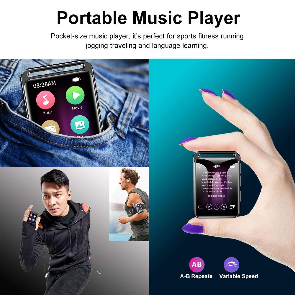 16GB MP3 Player with Bluetooth 4.1, HiFi Lossless Sound Music MP3 Player with FM Radio, Voice Recorder, E-Book, Supports up to 128GB, Earphone Included, Built-in Speaker, 1.8 inch Full Touch Screen
