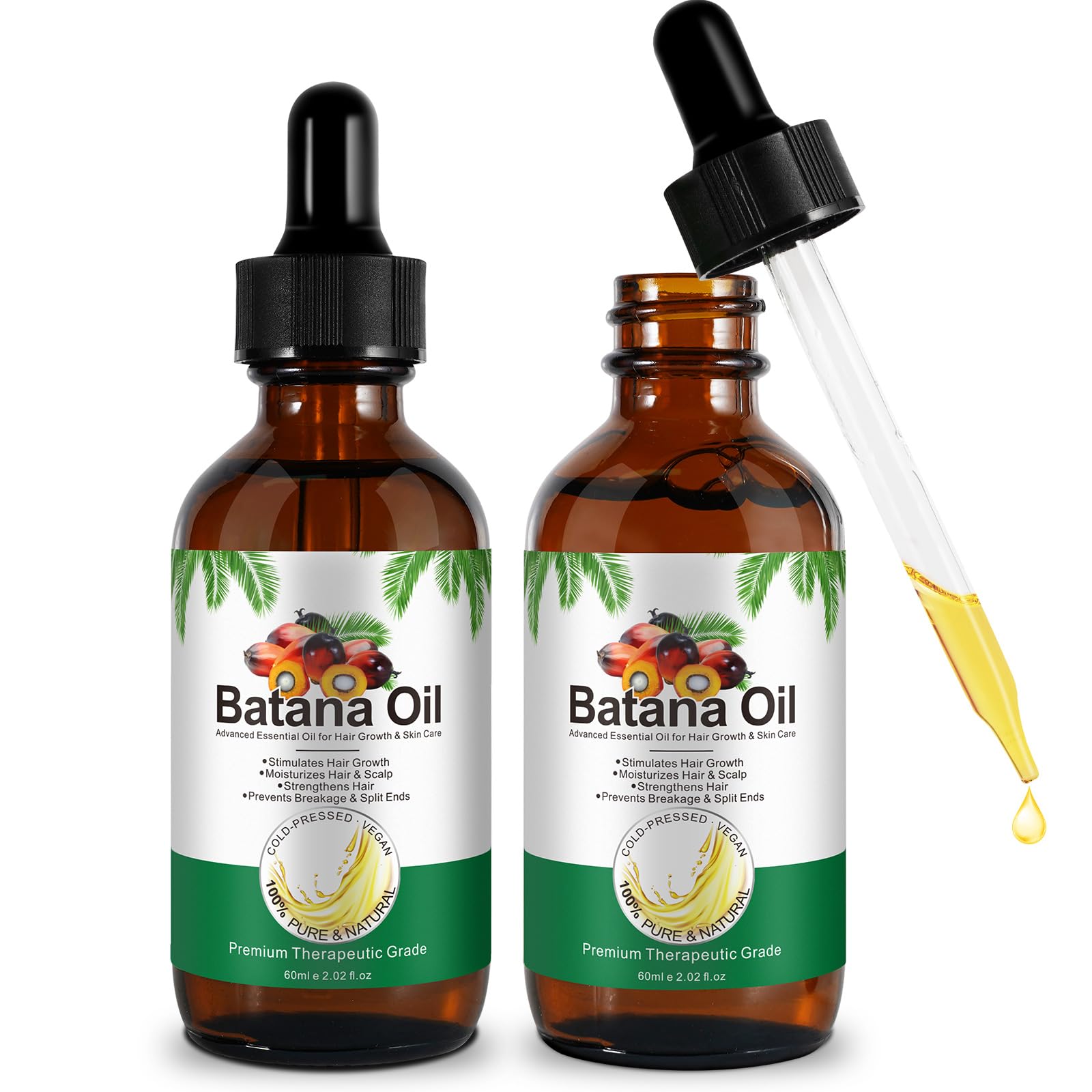 Batana Oil for Hair Growth 60ml, Batana Oil Organic Cold Press, Repairs Damaged Hair, Eliminates Split Ends & Increases Shine, Prevents Hair Loss & Breakage, Nourishes Scalp (2 PACK)