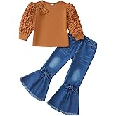 Kucnuzki Toddler Girl Clothes Cute Kids Clothes Long Sleeve Shirts Top Bell Bottom Denim Jeans Pants 2 Piece Matching Outfits