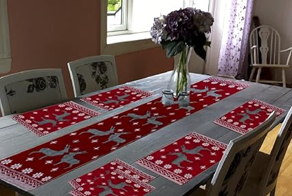 Glamkaart Jacquard Cotton Fabric Printed Table Mats with Runner (Red) - Set of 7