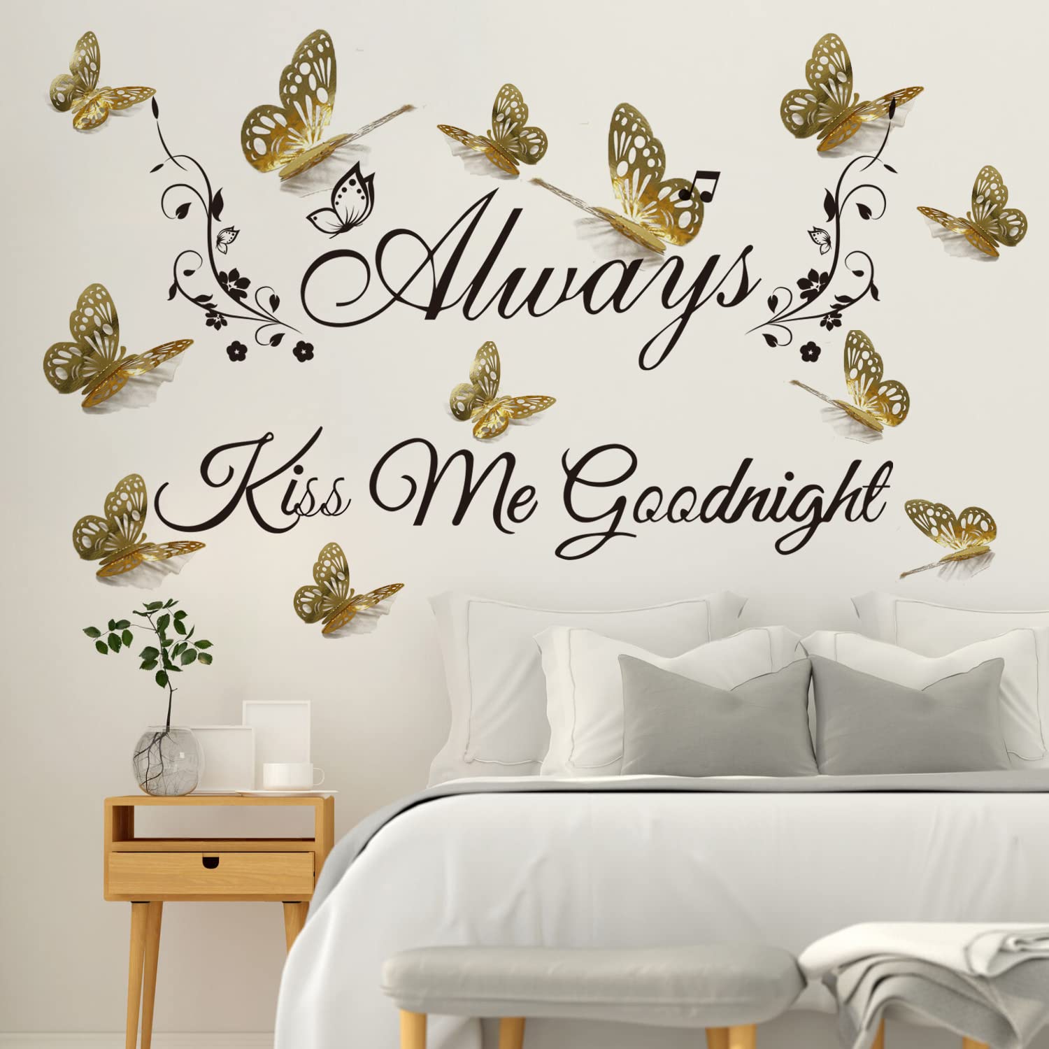 Runtoo Always Kiss Me Goodnight Wall Decal 3D Butterfly Wall Stickers Inspirational Quotes Bedroom Wall Decor