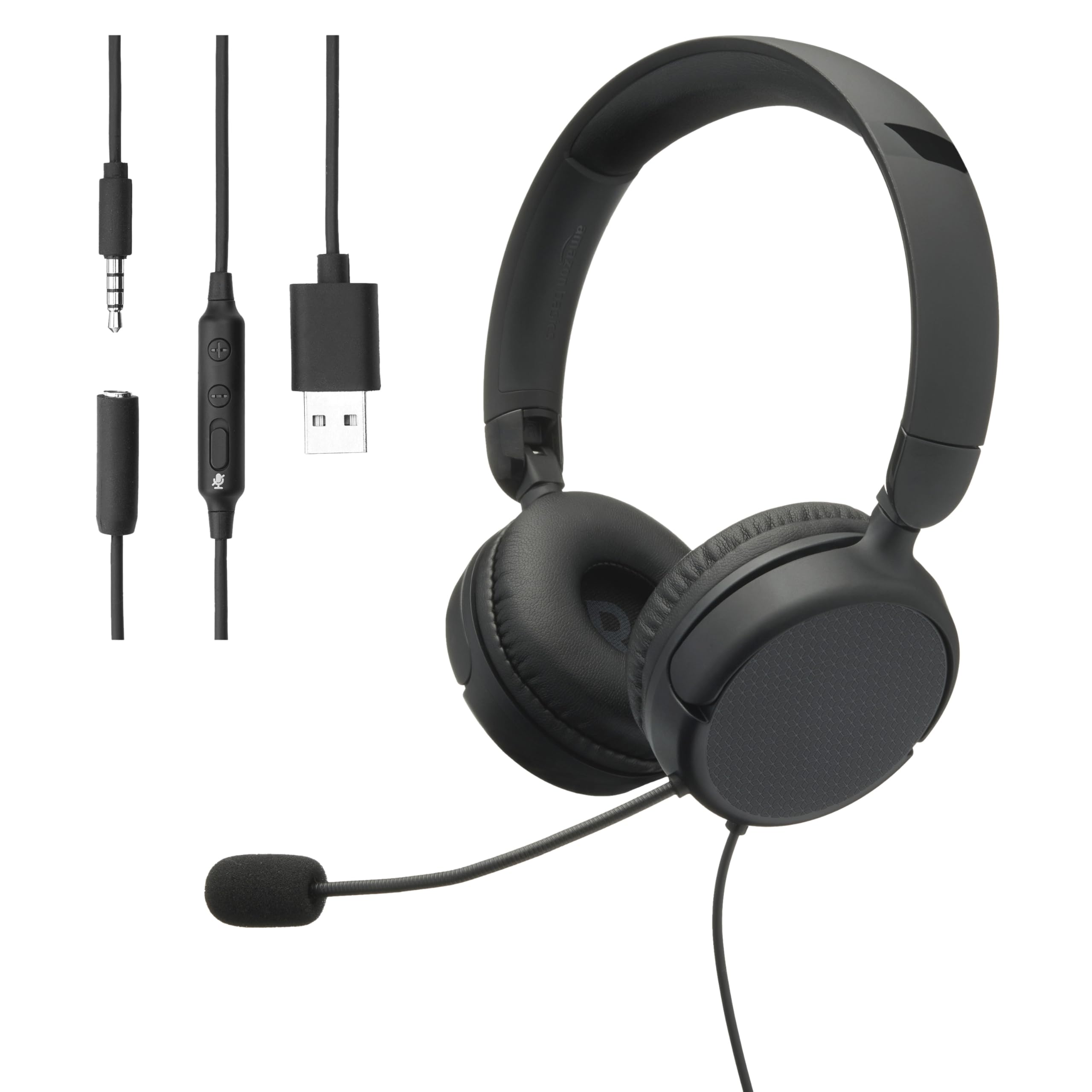 Photo 1 of Amazon Basics On Ear Wired Computer Headset with Adjustable Microphone, 3.5mm Port or in Line Control with USB-A Port, Foldable, One Size, Black