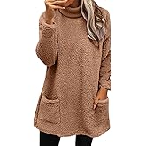 Cozy Sweaters for Women Sherpa Long Sleeve Mock Neck Tops Turtleneck Fleece Tunic Sweater with Pockets Loungewear