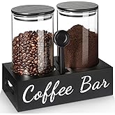 GMISUN Coffee Container, 2 Pcs 50 Fl oz Airtight Bean Storage Canister, Black Glass Ground Coffee and Sugar Jar Set with Scoop/Shelf/Labels, Sugar/Tea Holder Containers for Cafe Bar Countertop