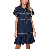 YEXPINE Women's Cotton Drop Waist Ruffle Hem Shirt Dress Short Sleeve Button Down Tunic Dress with Pockets