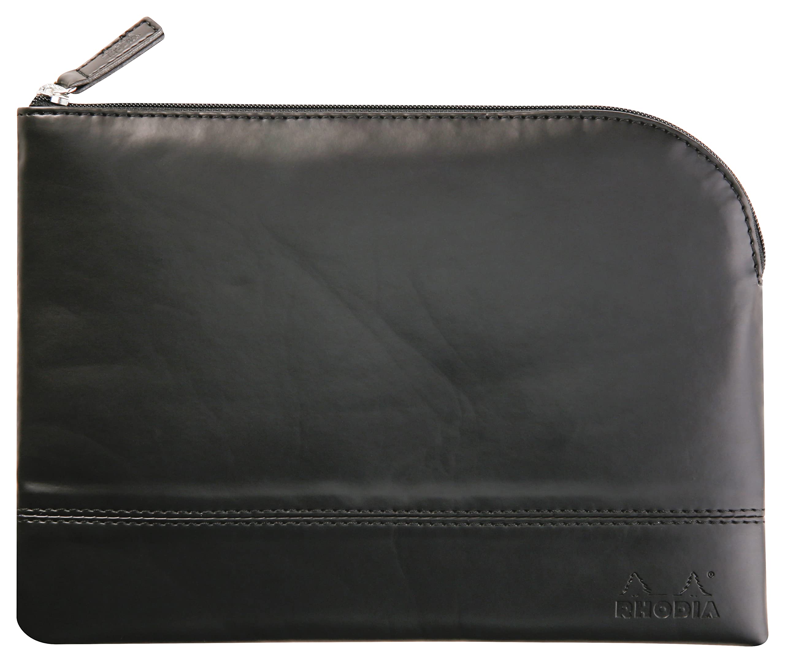 RHODIA 116623C - Faux Leather Zipped Pouch - Black - Size M (16 x 22 cm) - Genuine Stitching - Orange Fabric Interior - Storage for Documents, Small Supplies