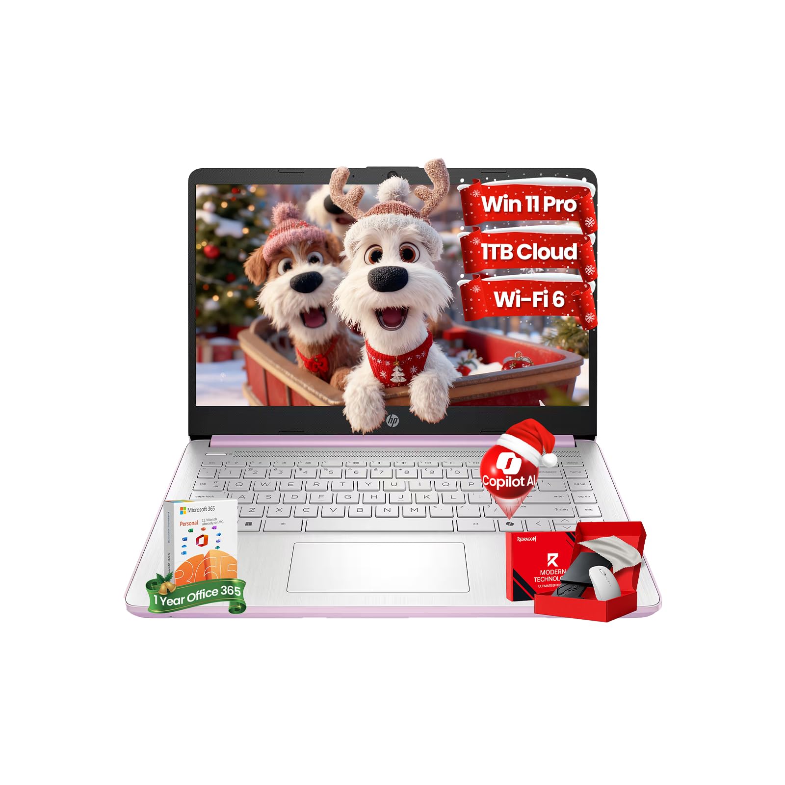 HP 14" Laptop 2026 Student Business Slim Computer - Copilot AI, 1-Y Office 365, Intel Quad-Core CPU, 16GB RAM, 128GB UFS & 128GB SD Card w/Redragon Accessory, Wi-Fi 6, Win 11 Pro, Lavender Image