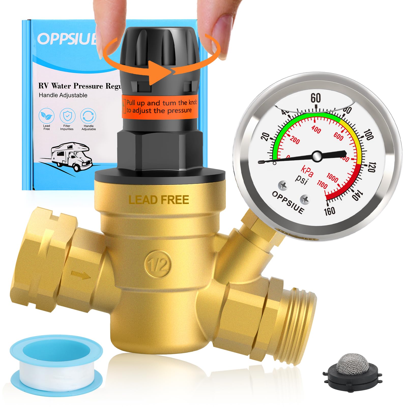 Photo 1 of Oppsiue RV Water Pressure Regulator, Handle Adjustable Knob No Tool Required Pressure Regulator,Brass Lead-Free Water Pressure Reducer with Gauge for RV Camper Travel Trailer,Suitable for NH Thread