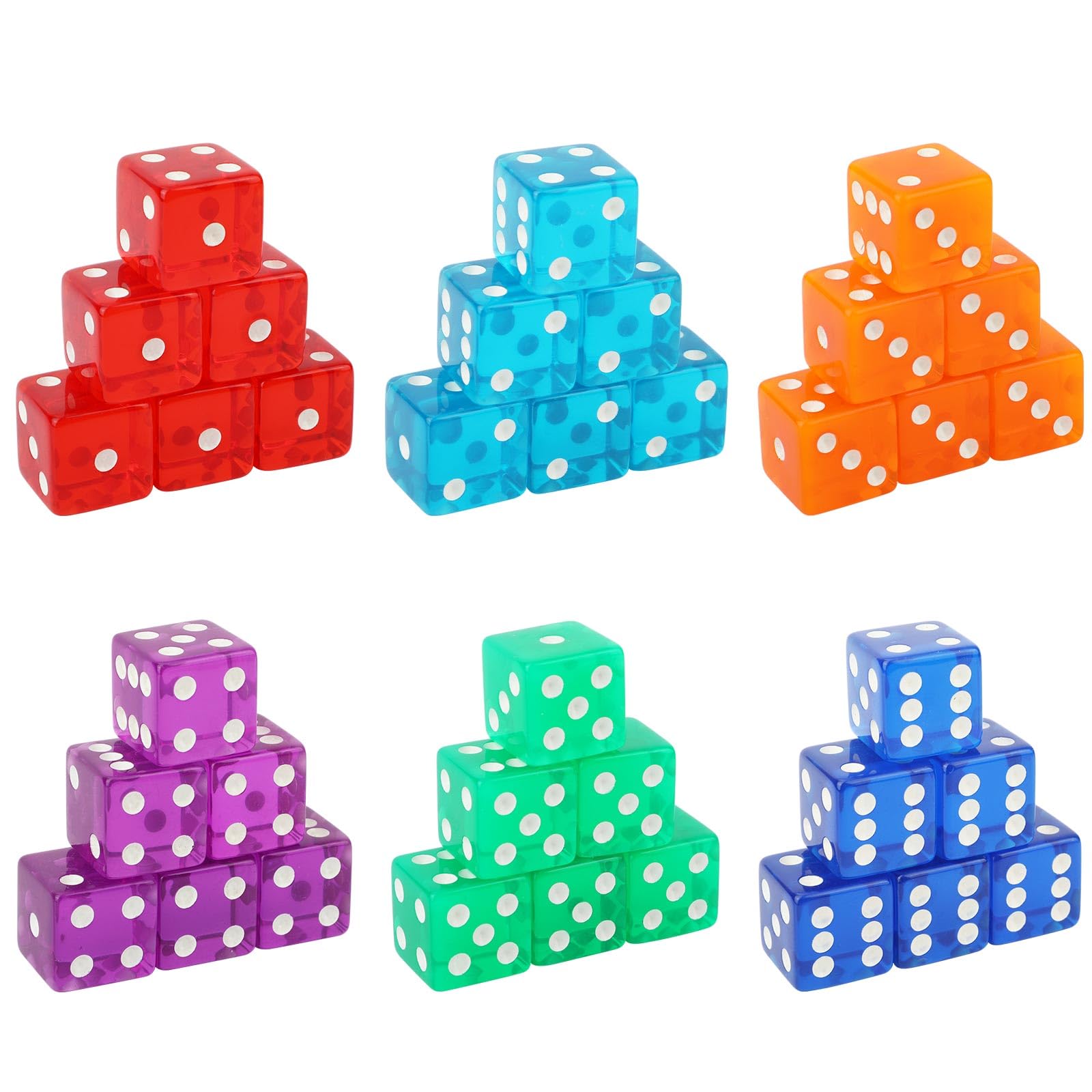 Gosknor 36pcs 19mm Acrylic Translucent D6 Casino Dice Set, 6 Colors: Blue, Purple, Red, Light Blue, Green, Yellow