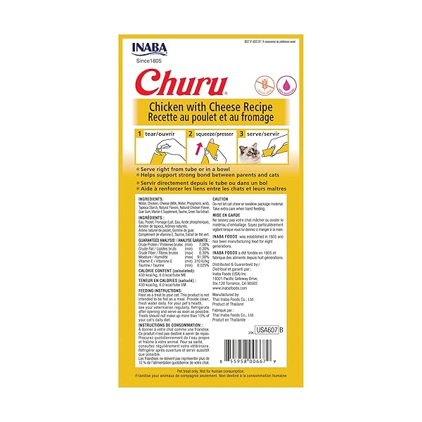 INABA CHURU CAT TREATS, GRAIN-FREE, LICKABLE, SQUEEZABLE CREAMY PURÉE CAT TREAT/TOPPER WITH VITAMIN E & TAURINE, 0.5 OUNCES EACH TUBE, 24 TUBES (4 PER PACK), CHICKEN WITH CHEESE RECIPE