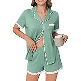Ekouaer Womens Short Sleeve Pajamas Set Soft Sleepwear Button Down Lounge Set Lace Top and Shorts Pj Nightwear