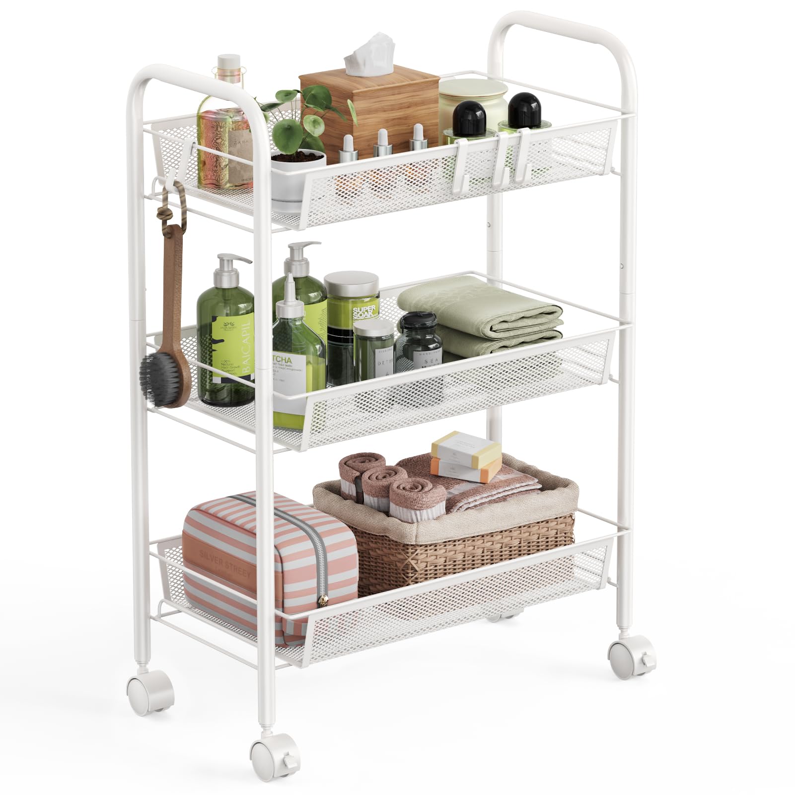 WELDUN 3 Tier Storage Trolley, Rolling Cart, Kitchen Storage Cart, Metal Bathroom Cart, Portable, Stable and Easy to Assemble, Bedroom Kitchen Bathroom Living Room Storage Cart, Metal, White