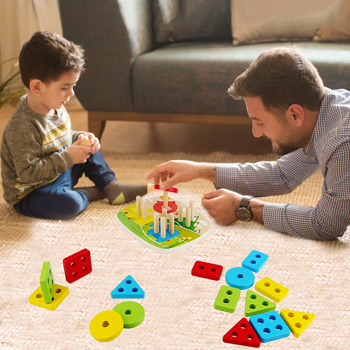 Dreampark Educational Toddler Toys for Boys Girls Age 1 2 3 4 and Up, Wooden Shape Color Recognition Preschool Stack and Sort Geometric Board Blocks for Kids Children, Non-Toxic