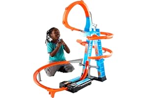 Hot Wheels Sky Crash Tower Track Set, 2.5+ ft / 83 cm High with Motorized Booster, Orange Track & 1 Hot Wheels Vehicle, Race 