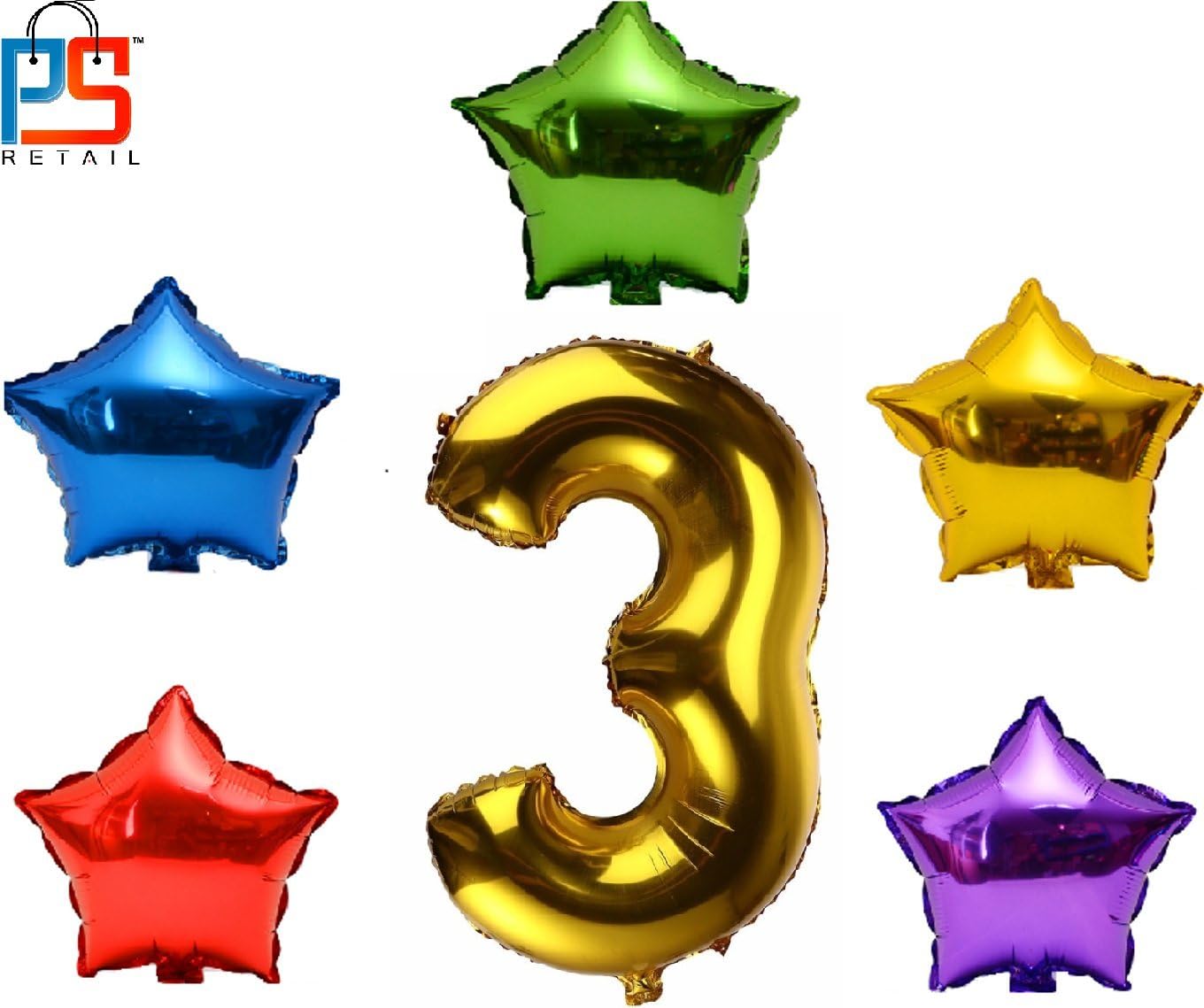 6Pcs Set Party Decoration foil Balloon (5 Star & one Number 3")