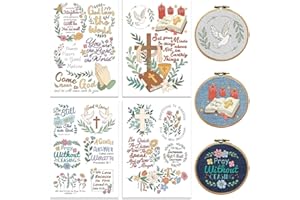 Peacoblue Water Soluble Embroidery Patterns with Color for Beginners, Bible Verses and Flower 4 Sheets with 19pcs Wash Away Embroidery Pattern Stabilizer for Hand Sewing Women Adults