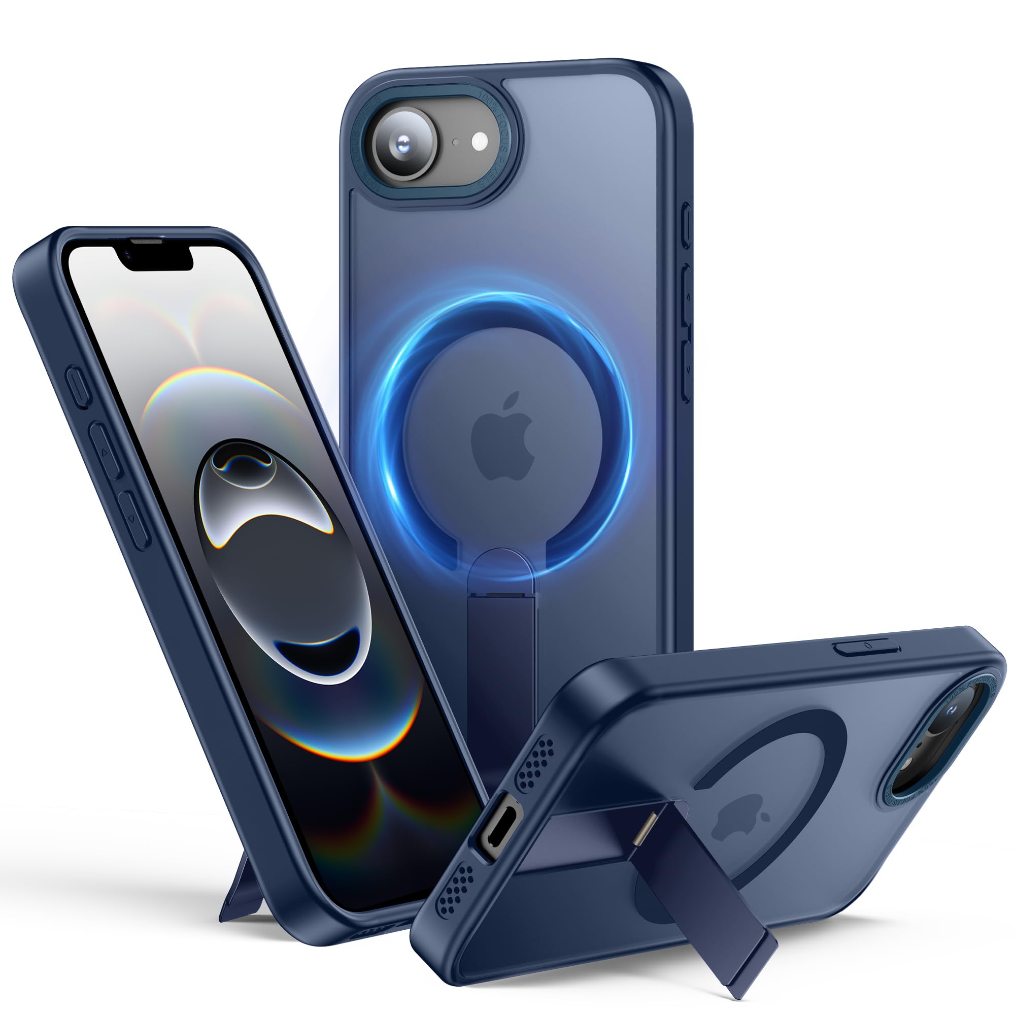 TOBOVON for iPhone 16e Case with Stand, Fit for MagSafe, Slim Translucent Matte Military-Grade Drop Protection Magnetic Kickstand Phone Cover, Blue