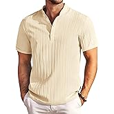 COOFANDY Men Casual Henley Tee Shirt Short Sleeve Band Collar Summer Beach Textured T-Shirt