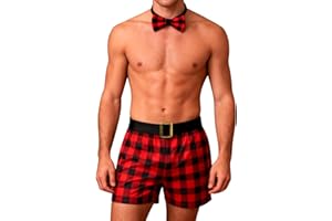RSLOVE Santa Boxers for Men - 2PCS Christmas Shorts Plaid Outfits Holiday Briefs with Bow Tie