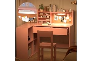 NKUGCFC Kids Study Desk with 3-Color Lights,with Drawers and Shelves,KidsDesk with Bulletin Board, 41in*31in Pink Kids Desk and Chair Set for 5-12 Year Old, Kids Corner Desk and Chair set-lr40