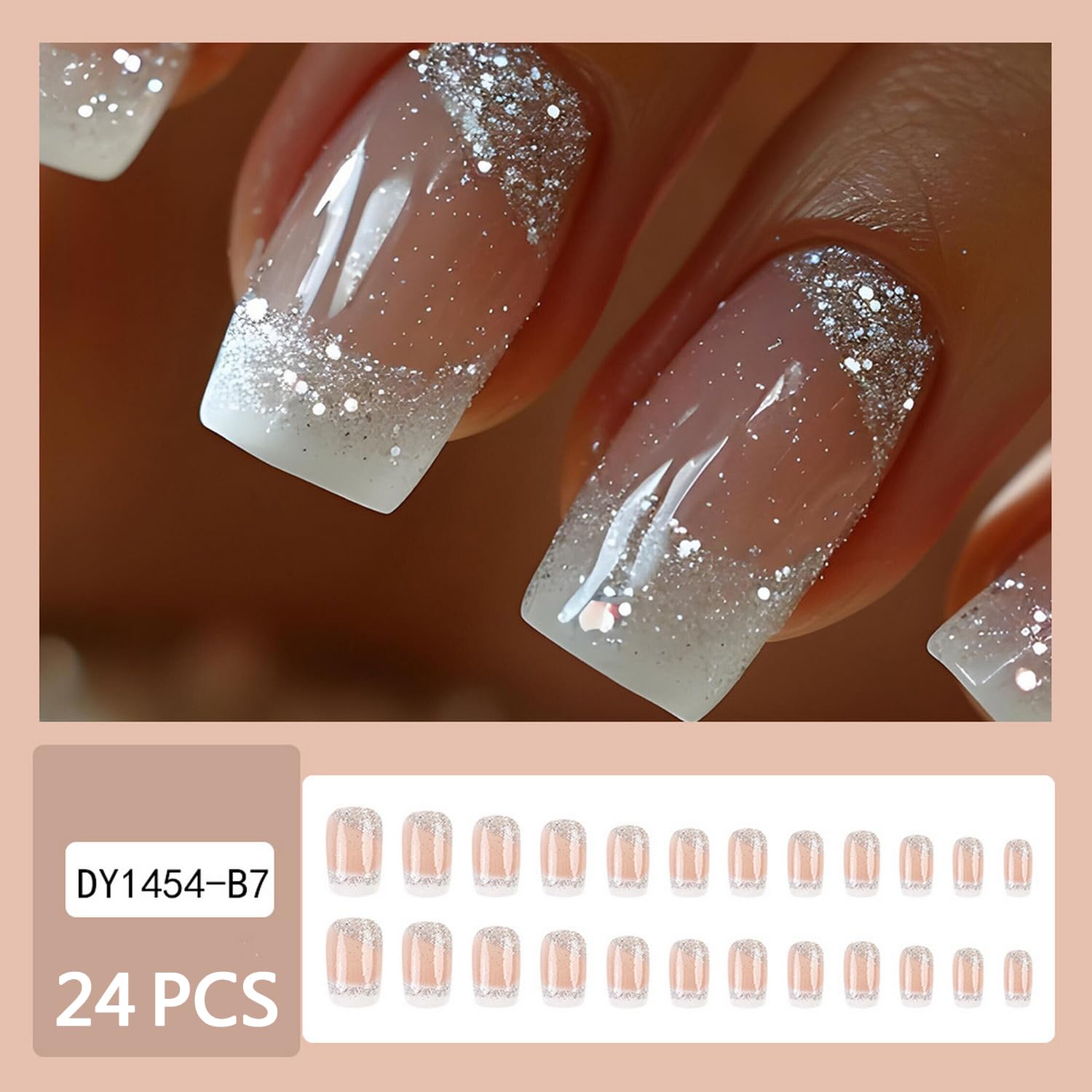 White French Tip Press on Nails with Silver Glitter Designs Short Square Shaped Fake Nails Sparkly False Nails Pink Glossy Acrylic Nails Full Cover Stick on Nails for Women Daily Wear 24 Pcs - Image 2