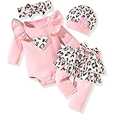 fioukiay Newborn Baby Girl Clothes Infant Girls Floral Love Printed Romper and Ruffle Pants Sets 4pcs Winter Fall Outfits