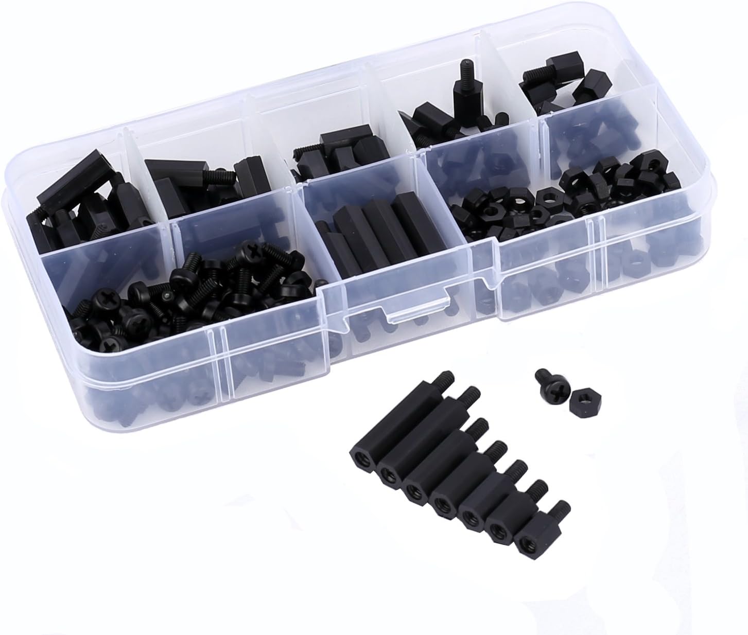 Proimb 180pcs DIY M3 Nylon Hex Nuts Screws Spacers Stand-Off Plastic Accessories Assortment Black