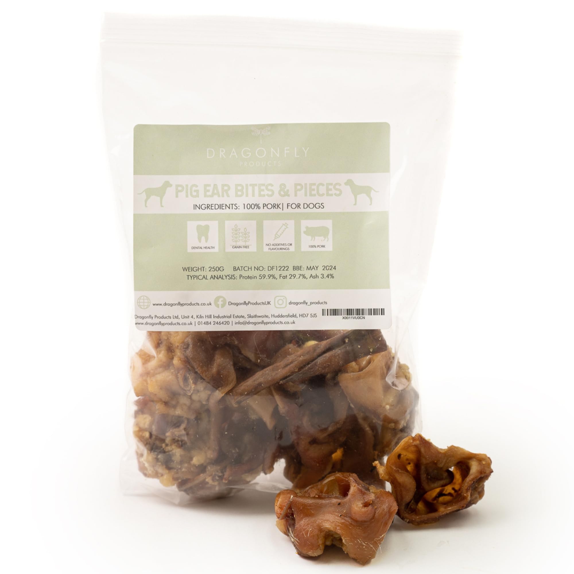 Dragonfly Products Inner Pigs Ear Bites for Dogs | 500g (16-24 Pieces) | Natural, Healthy Grain Free Pork Chew | Small Hypoallergenic Pure Meat Crunchy Treats