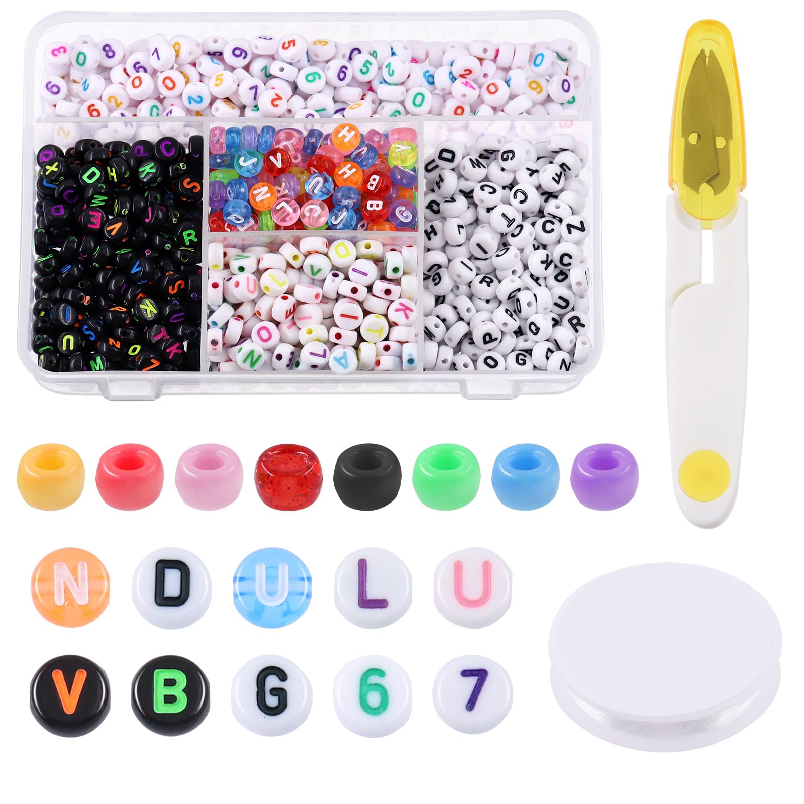 Glarks 1202Pcs Round Letter Beads with Pony Beads Kit Number Beads, Round Alphabet Beads and Bulk Rainbow Hair Beads for Jewelry Making DIY Bracelet Necklace Key Chain