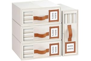 LHZK Sheet Organizers and Storage 4 Pack, Foldable Bed Organizers (Queen & King Size) With Leather Handle, Window and Label, Beige
