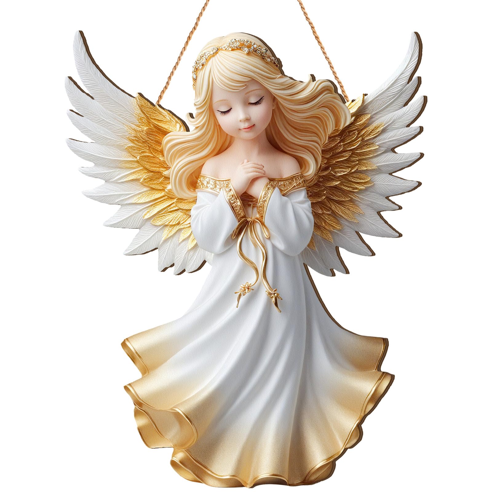 Photo 1 of ****MINOR DAMAGE**** Anglechic Christmas Angel Hanging Sign Wooden Praying Angel Door Sign Xmas Wall Plaque Decoration Christmas White Nativity Set for Xmas Fireplace Home Indoor Outdoor Decor