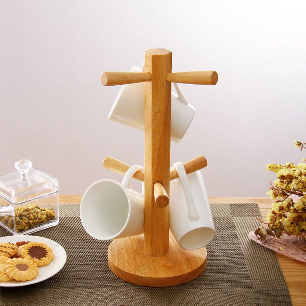TY&WJ Bamboo mug tree rack stand with 6 storage hooks
