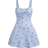 MakeMeChic Women's Gingham Cherry Print Cami Dress Tie Front Sleeveless Mini Dresses Sundress