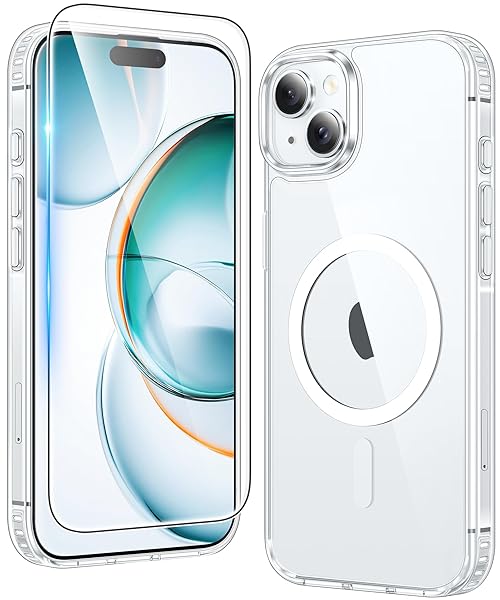 FNTCASE for iPhone 15 Case: for iPhone 14 | iPhone 13 Case Support Magnetic Charging Military Grade Drop Protection Anti Yellowing | Rugged Shockproof Phone Cover - 6.1 inch (Clear)