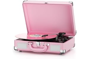 MERSOCO Vinyl Record Player 3-Speed Bluetooth Suitcase Portable Belt-Driven Record Player with Built-in Speakers RCA Line Out AUX in Headphone Jack Vintage Turntable,Pink