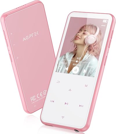 AGPTEK Pink MP3 Player with Bluetooth 5.3 64GB Expandable 128GB 2.4in Speaker FM