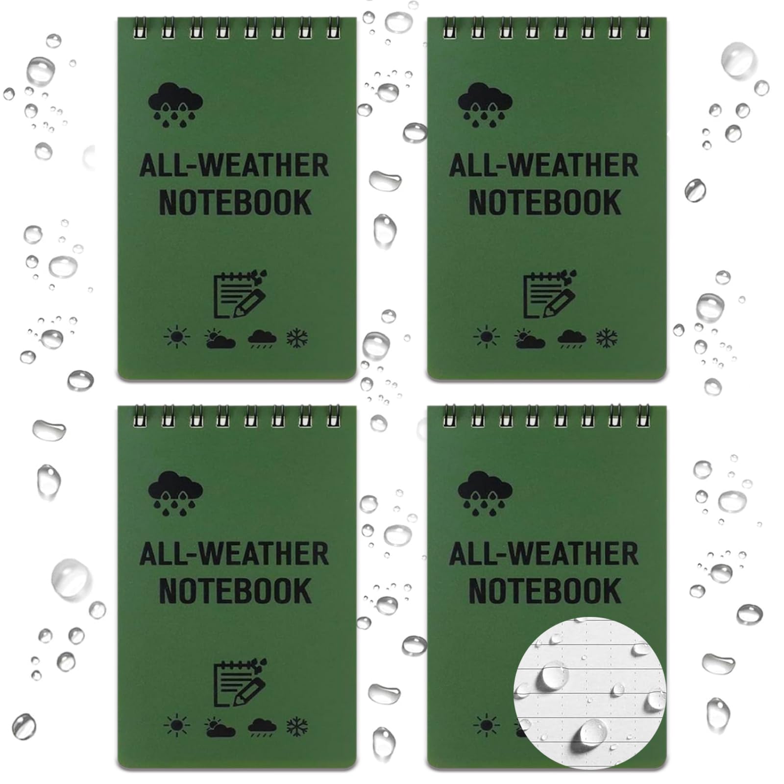 4 Pack 12.7cm*7.6cm Waterproof Notebook Green Pocket Notebook Portable Small Notebooks With Grid Of Wire Pages Mini Notebooks Waterproof Notepad for Home Office School Outdoor Activities Recording